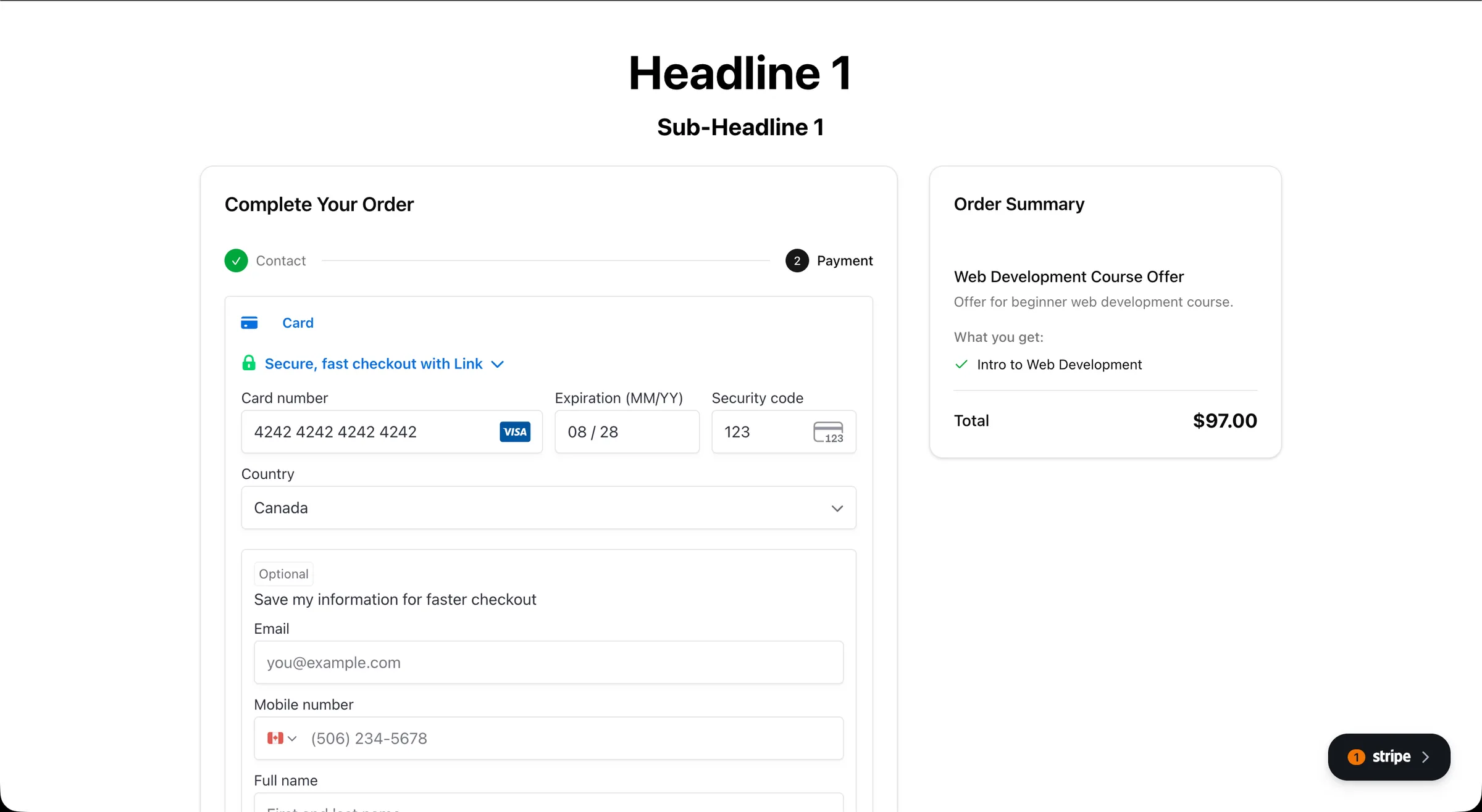Step two of a two-step checkout on a Korsara landing page, collecting payment information.