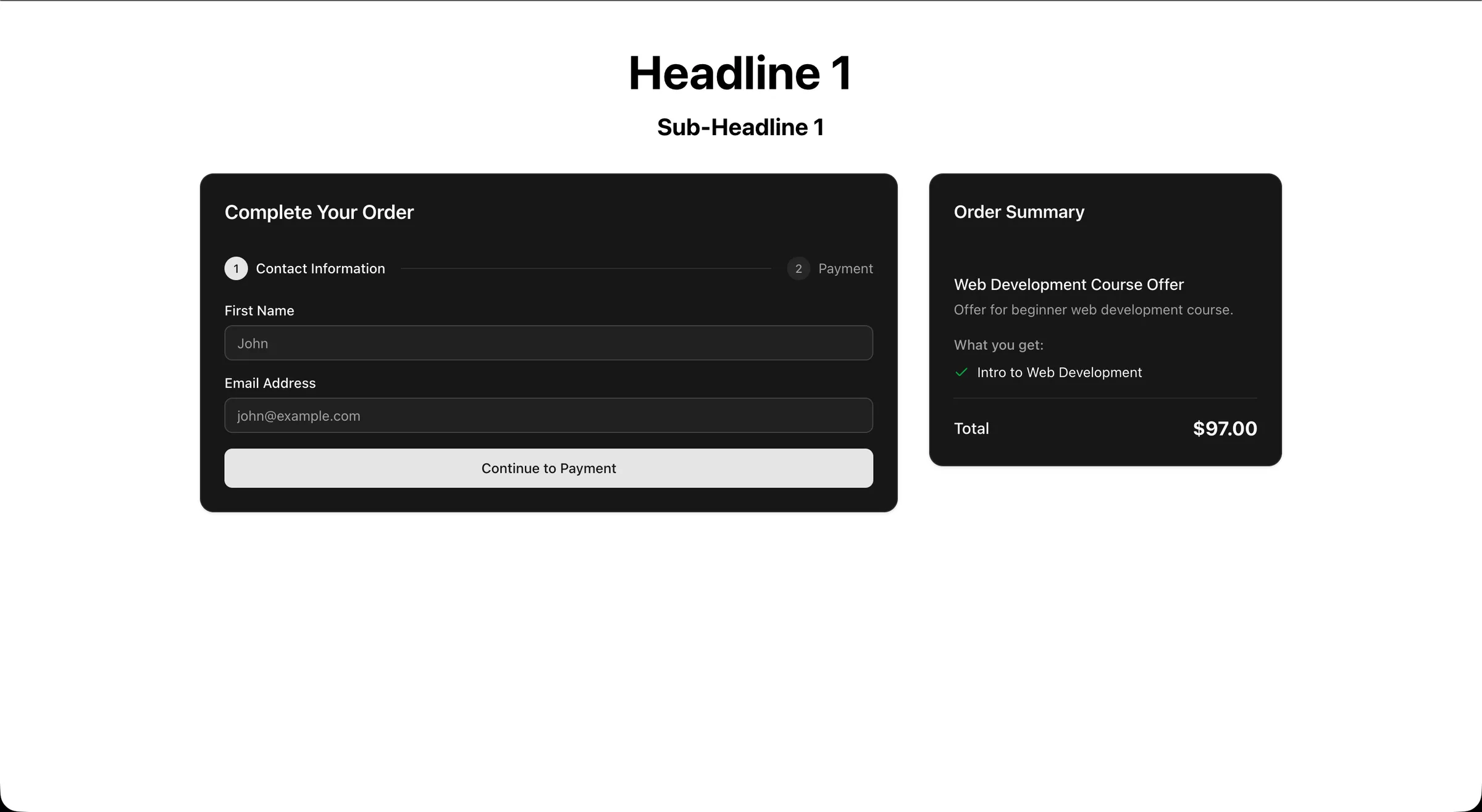 A preview of the finished landing page, with a headline, sub-headline and order form on a white background.