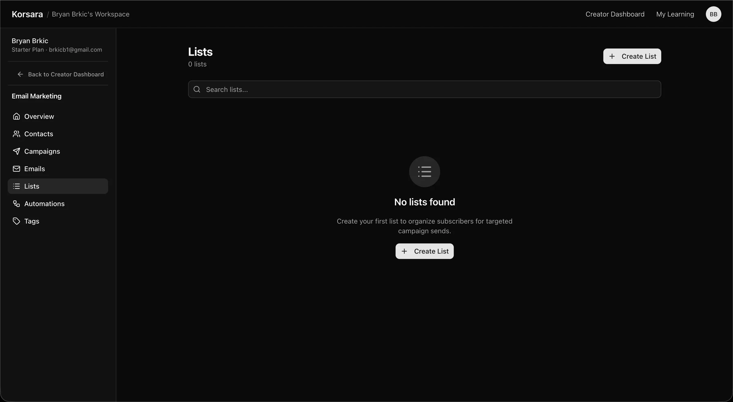 Two email lists in Korsara: a master list and a purchasers list.