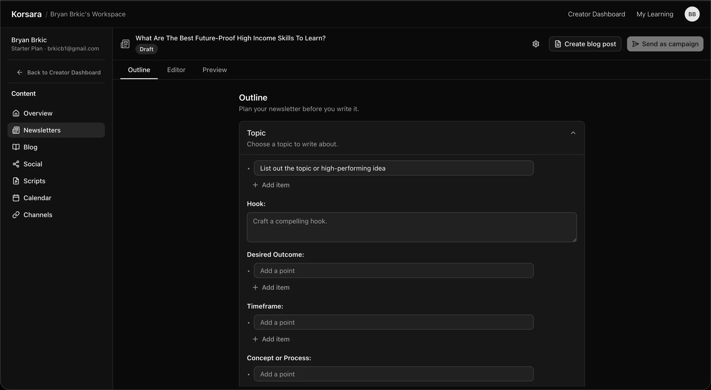 The Korsara newsletter outline tab with fields for topic, hook, desired outcome and timeframe.