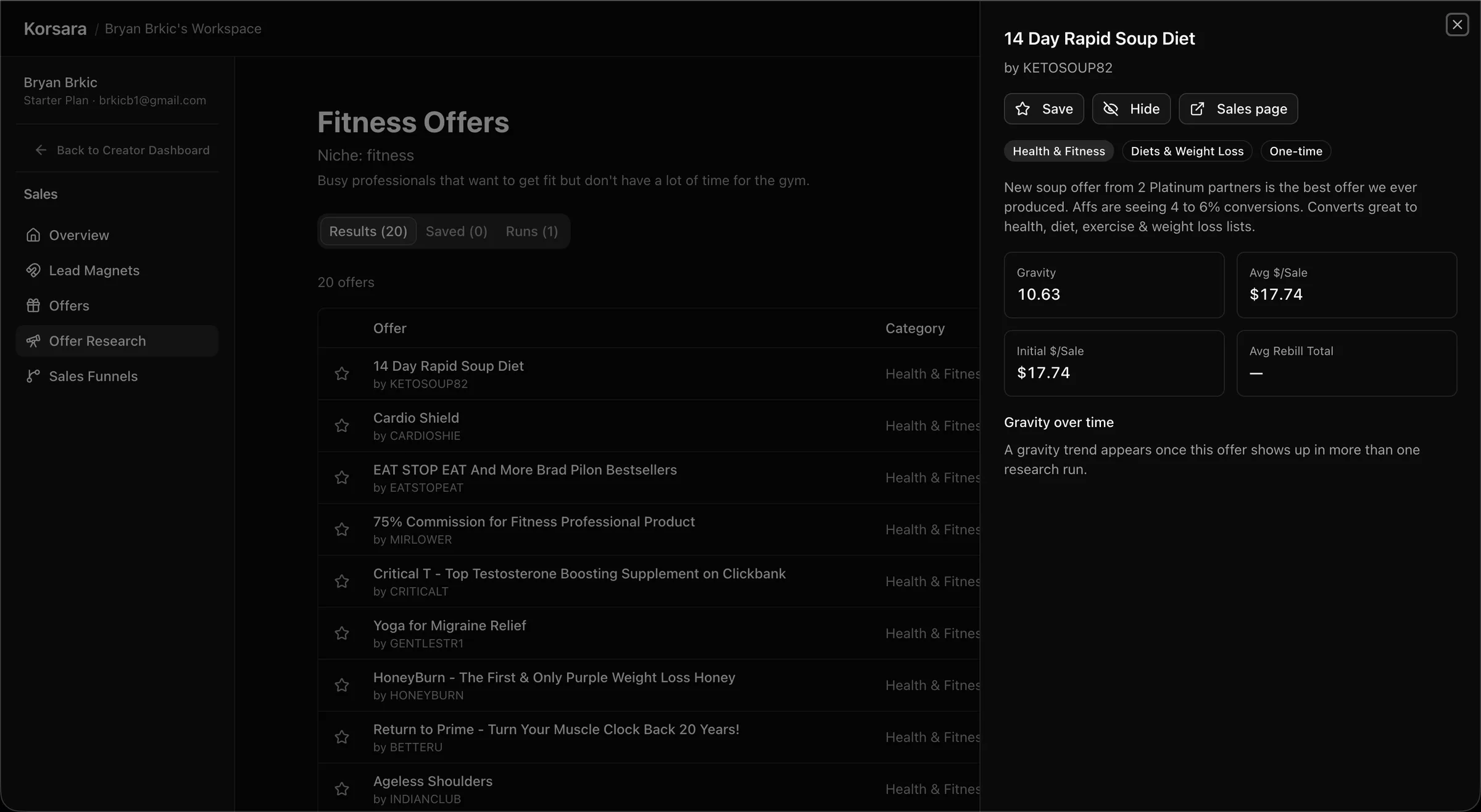 The detail view of a researched offer showing rebill economics and a gravity trend.