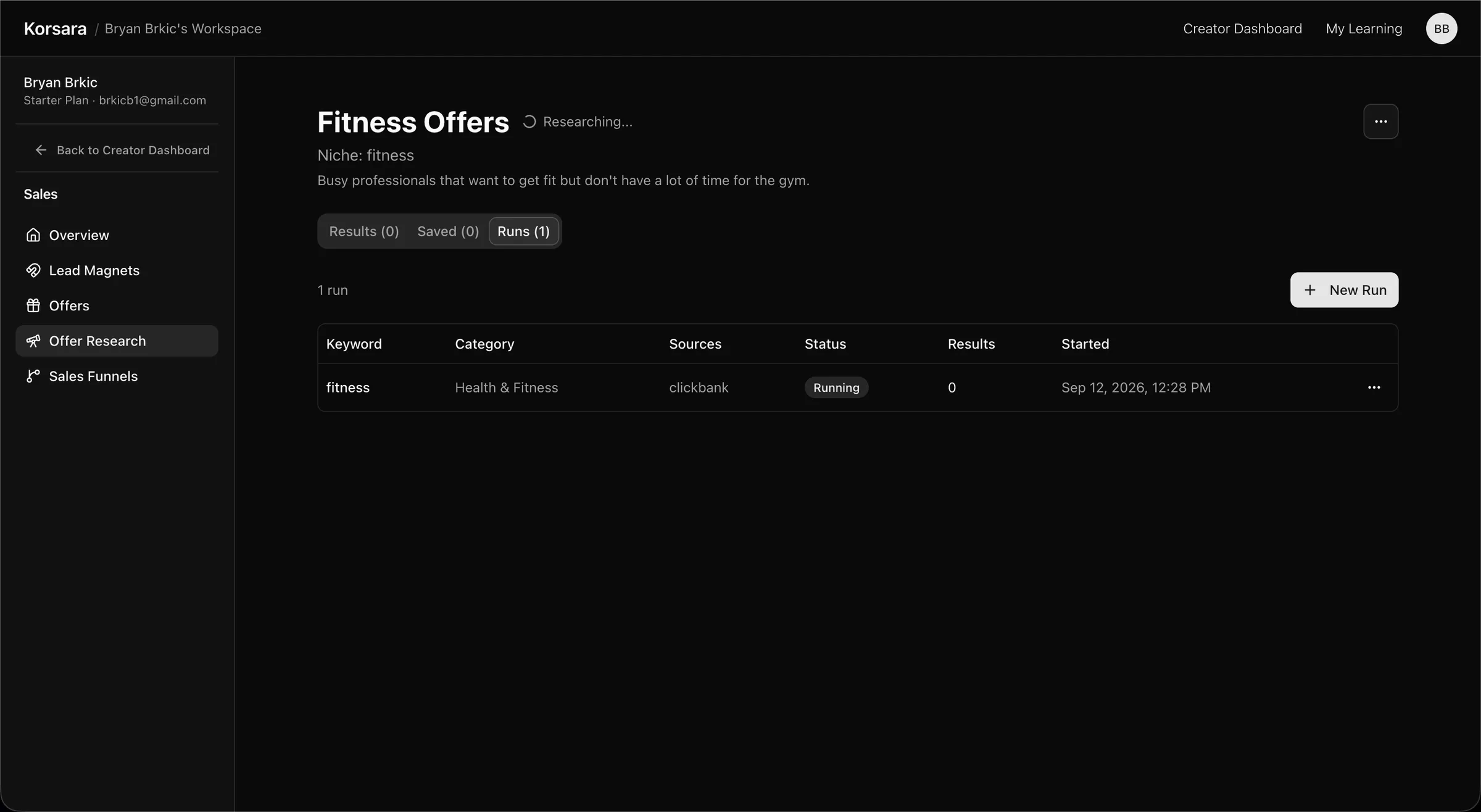 A Korsara offer research run in progress for the fitness niche.
