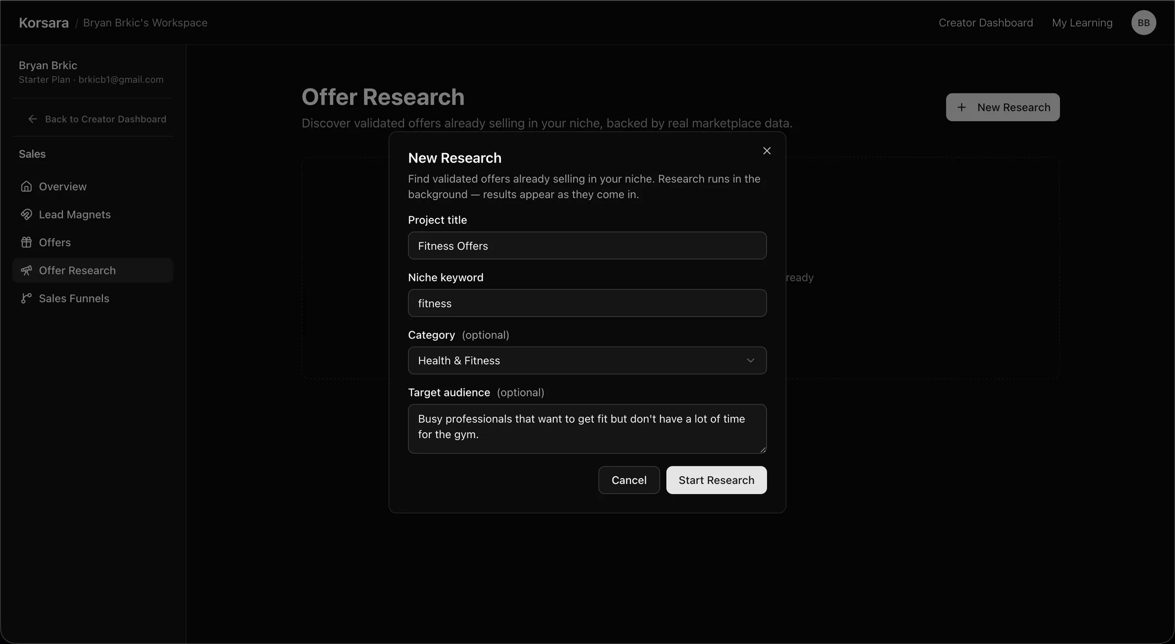 Creating an AI offer research request for the fitness niche.