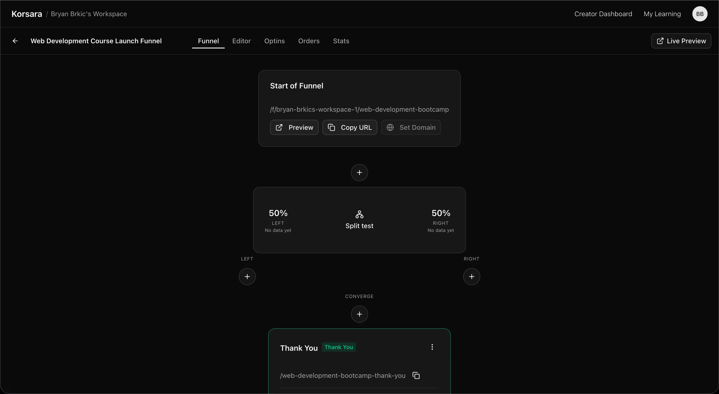 A 50/50 split test step as the first step of a Korsara sales funnel, with two branches converging on a thank-you page.