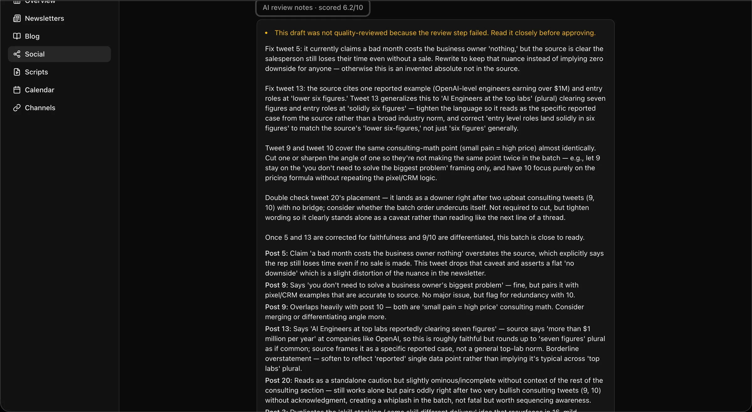 AI review notes scoring a batch of tweets 6.2 out of 10 and flagging an overstated claim and redundant posts.